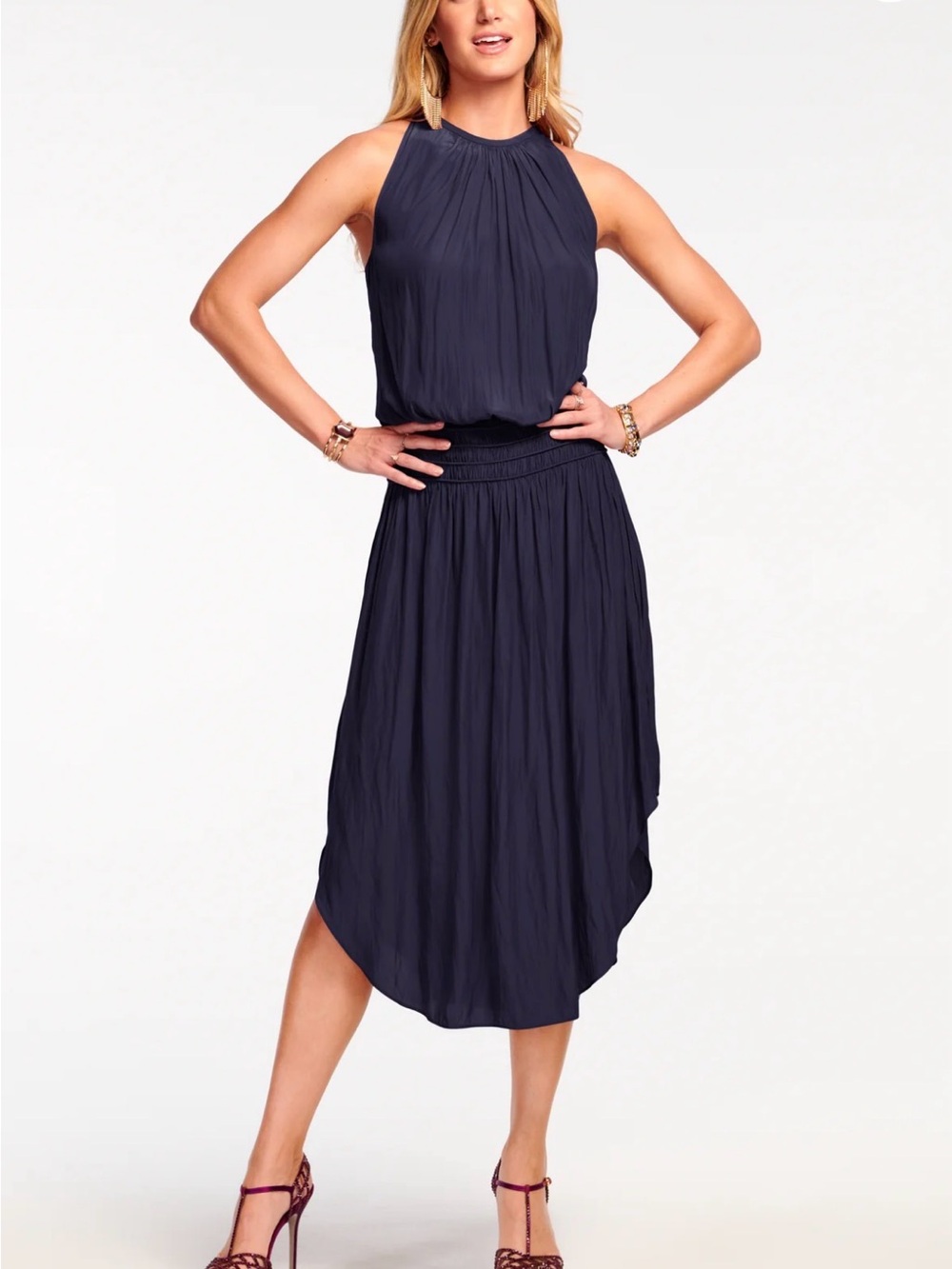 Ramy brook New York Navy Halter Midi Dress - Elegant Sleeveless Dress polyester